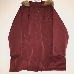 Basic Editions Burgundy Puffer Parka Coat Faux Fur Hood Quilted Fleece Lined 2X